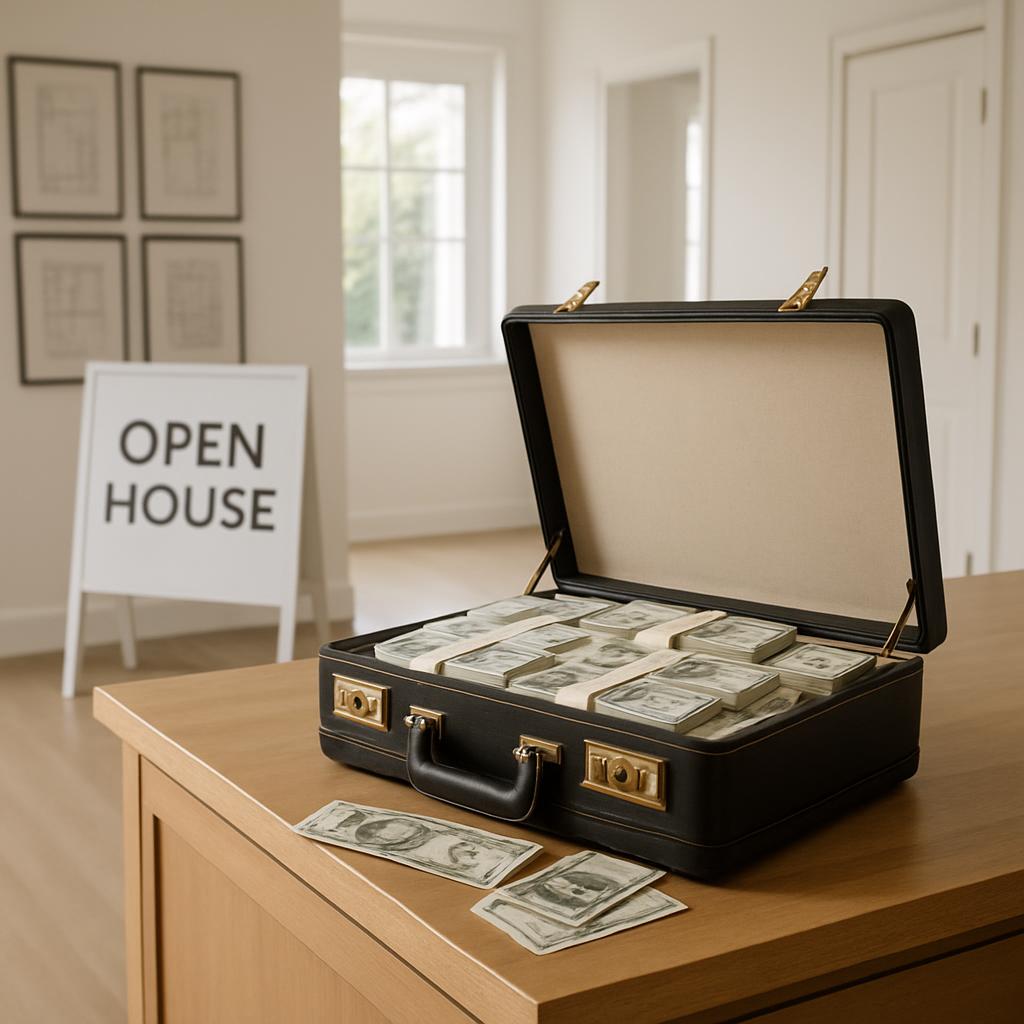 A briefcase filled with dollar bills sits on a desk in a room with an open house sign and a window.
