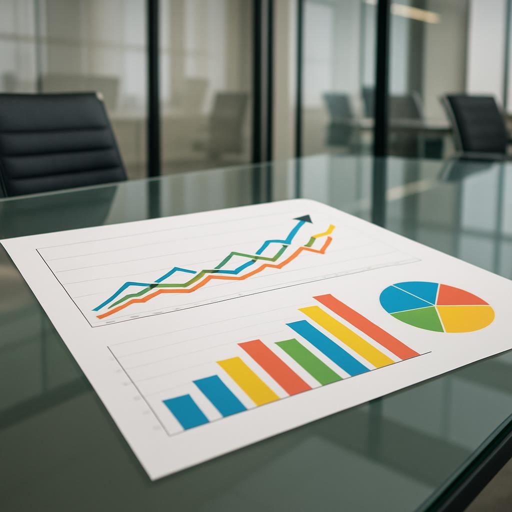 Stacked bar charts, line chart and pie chart on a glass table.