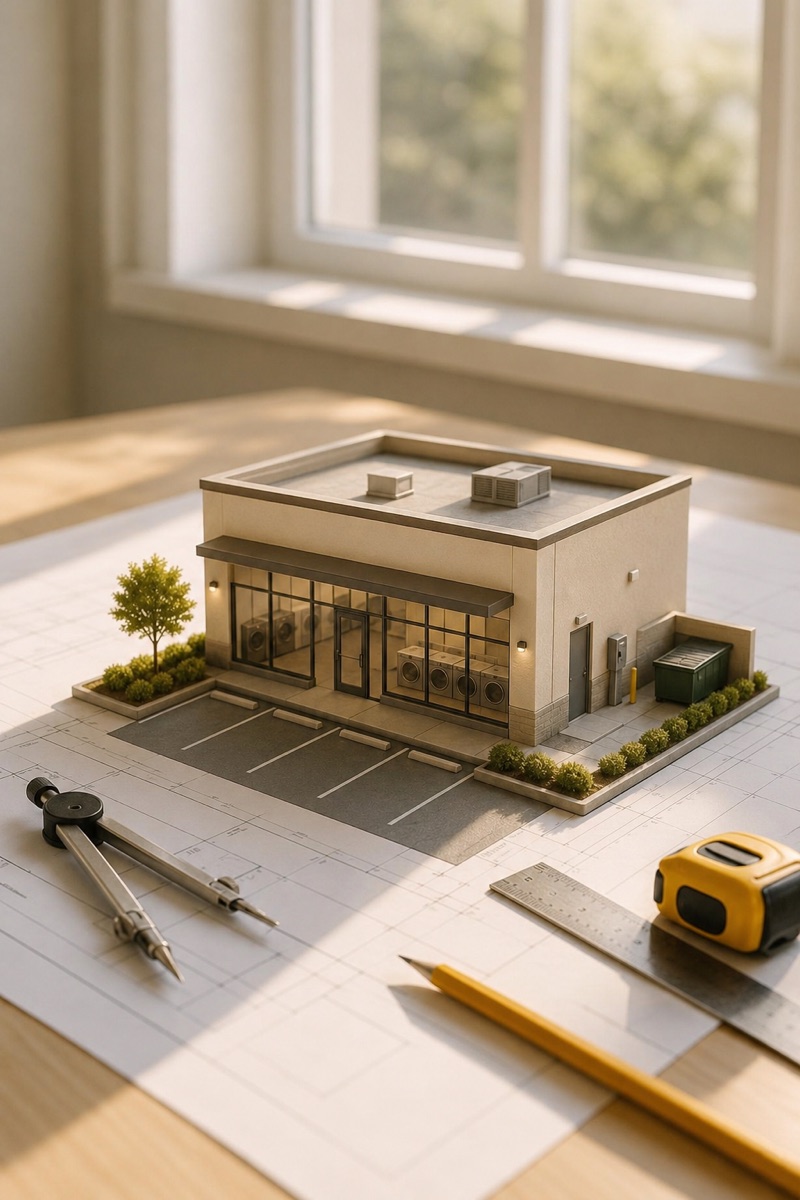 Miniature model of a commercial building on an architectural blueprint, with drafting tools nearby.