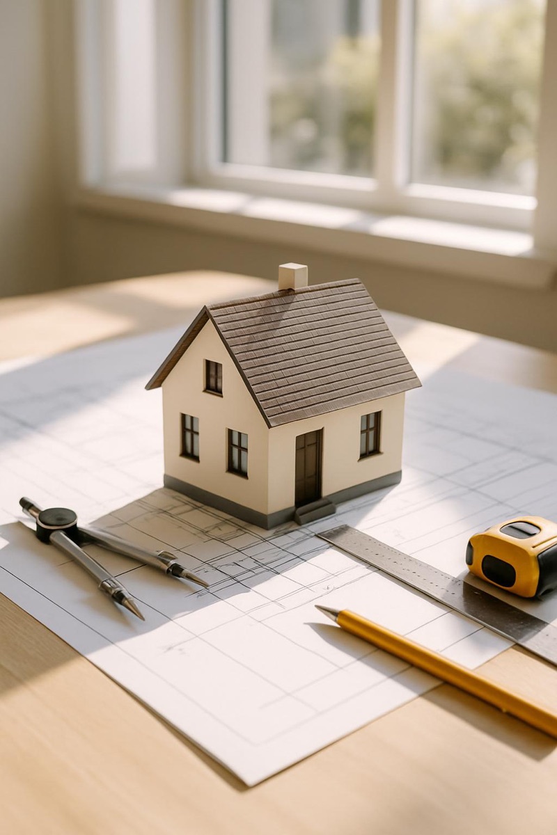 Miniature model of a single-family home on an architectural blueprint, with drafting tools nearby.