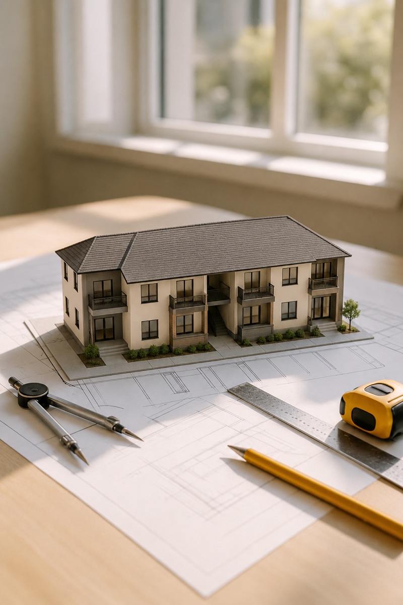 Miniature model of a multi-family apartment building on an architectural blueprint, with drafting tools nearby.
