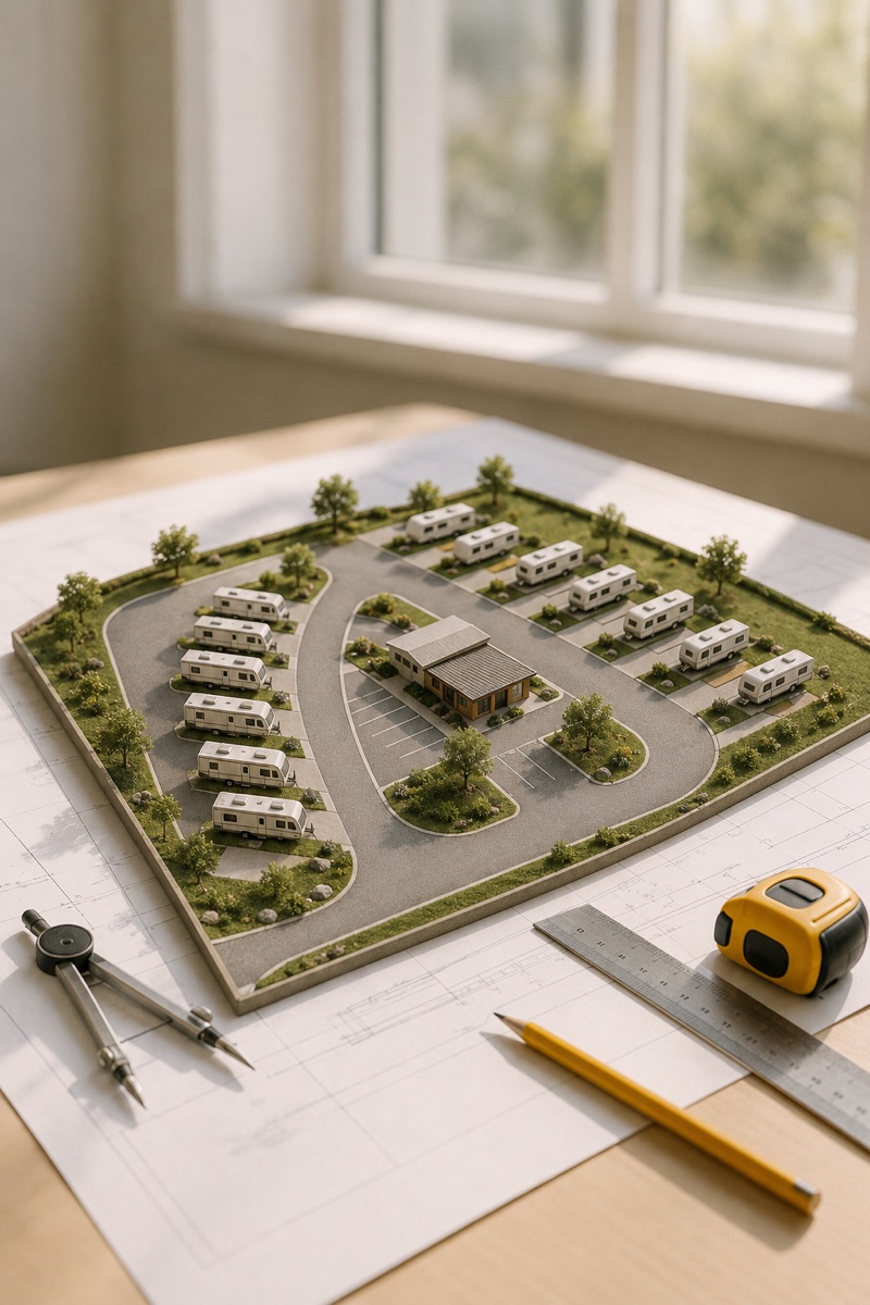 Miniature model of an RV park development on an architectural blueprint, with drafting tools nearby.