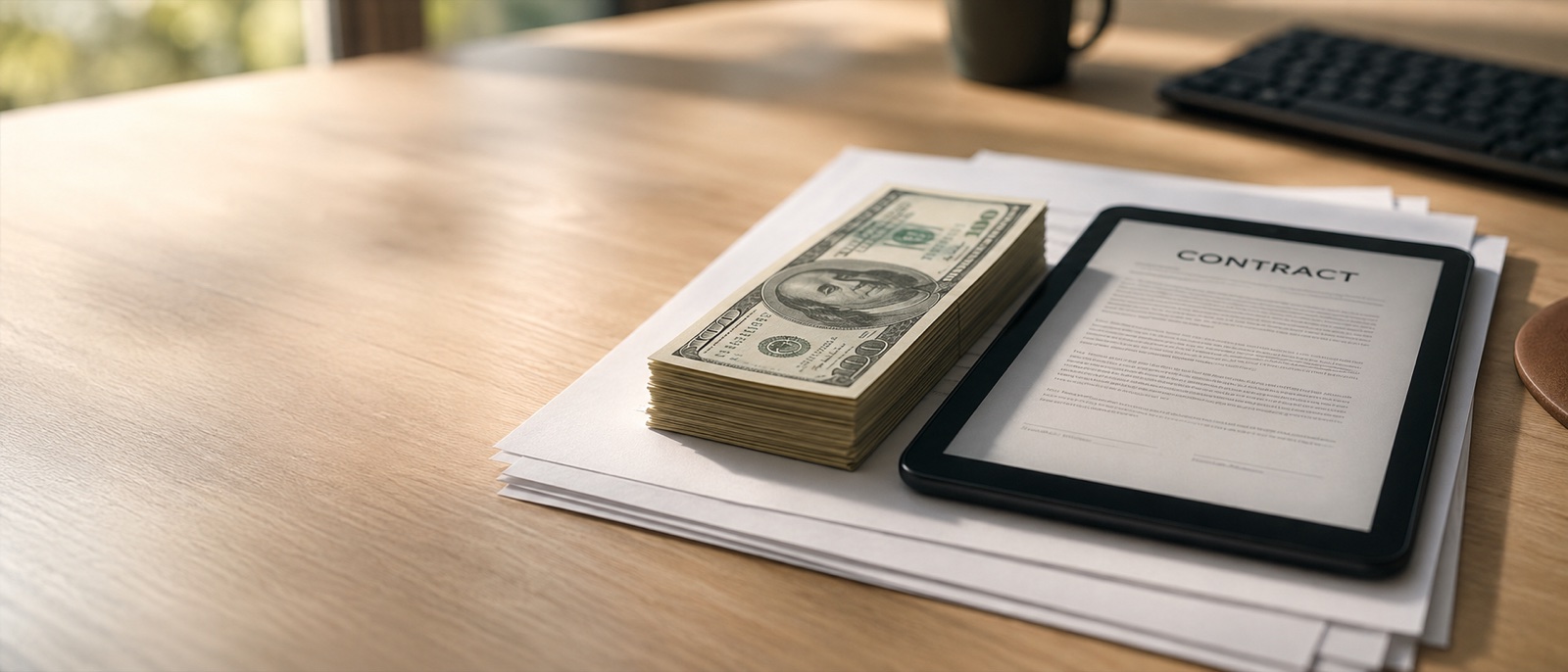 A stack of cash and a tablet displaying a signed contract on a desk of paperwork.