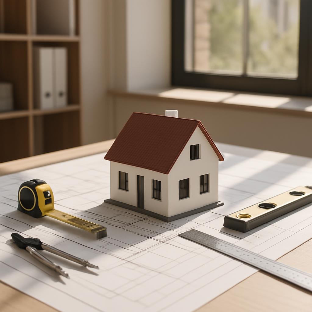 A miniature house on top of a blueprint surrounded by tools, most likely in a work place or office environment.
