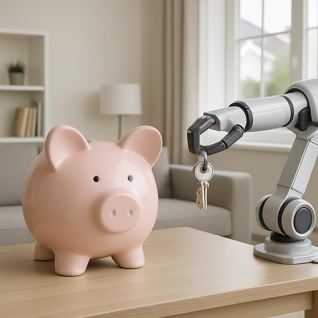 A piggy bank sits on a light wood table beside a robot arm that holds keys. Additionally, there is a bar-style shelf with ...