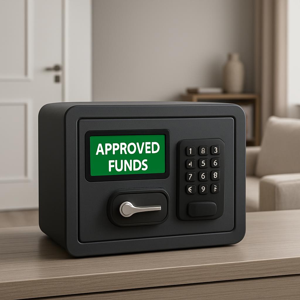 The safe has the words "APPROVED FUNDS" written on the display panel in white letters on a green background.